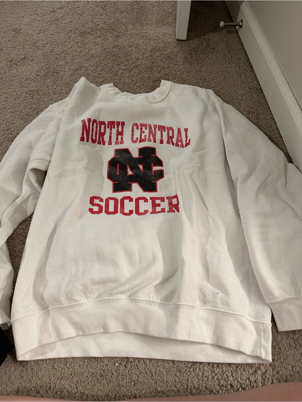 Gildan White Crewneck Sweatshirt with Red North Central Soccer Print